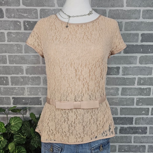 Ann Taylor Lace Top Blouse Women's‎ 6T Peplum Bow Belt Short Sleeve Peach Career - Picture 1 of 11